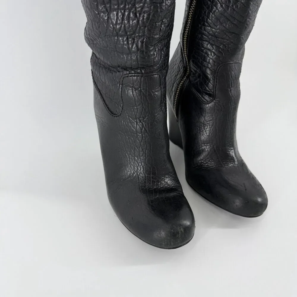 Tory Burch Dabney Knee High Wedge Boots Women’s 7.5 Black Pebbled Leather Zip Up